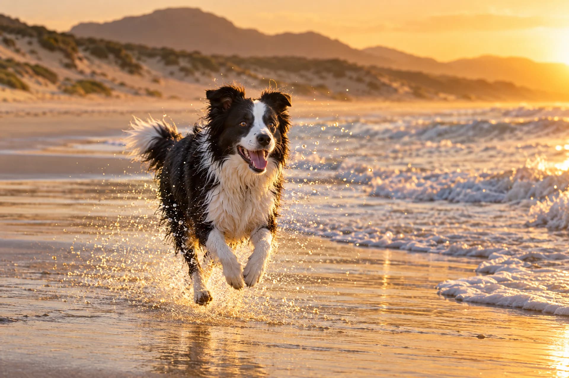 A border collie running along the water’s edge at golden hour