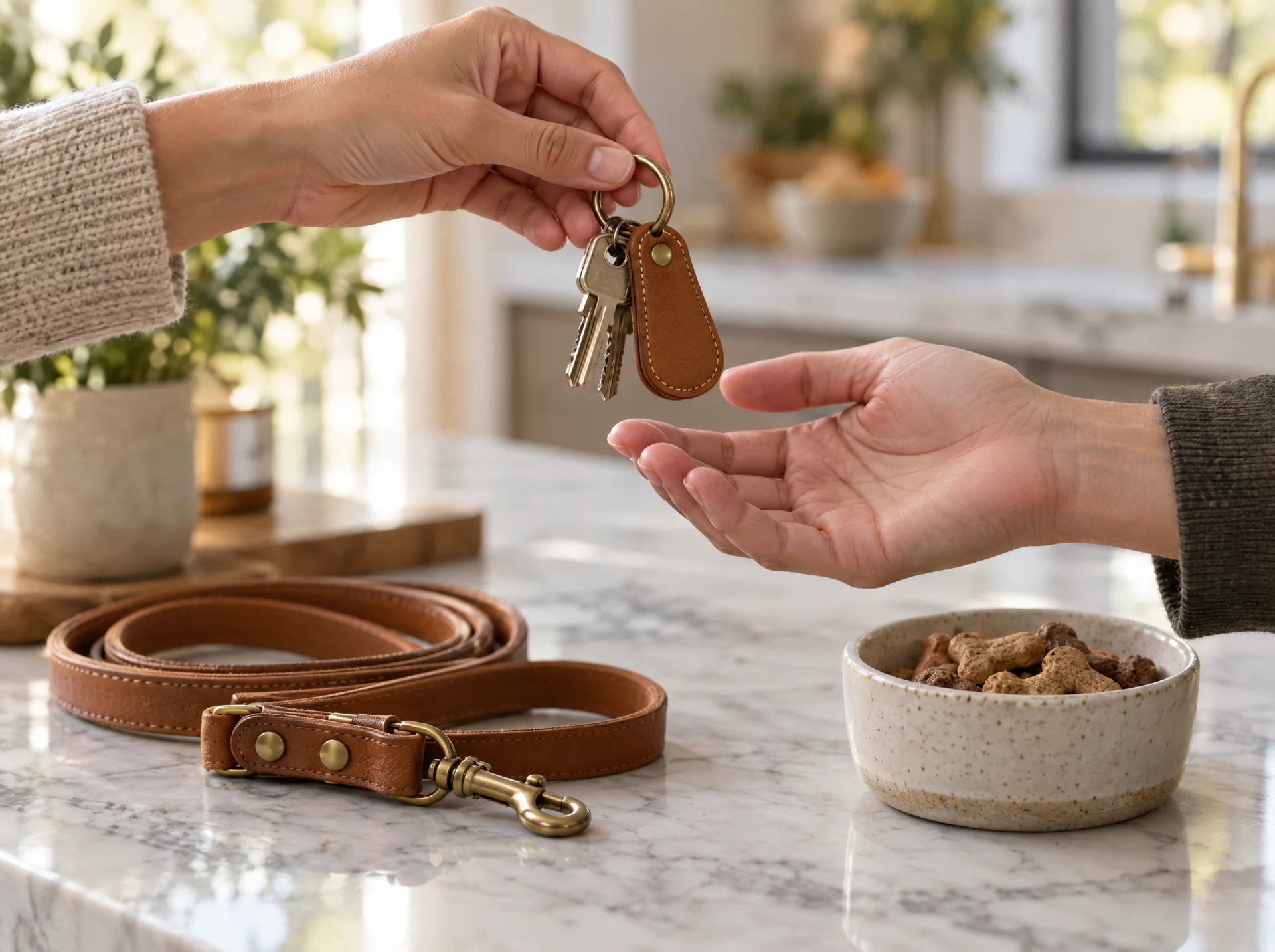 House keys on a leather tag being handed over above a marble kitchen counter, next to a dog lead