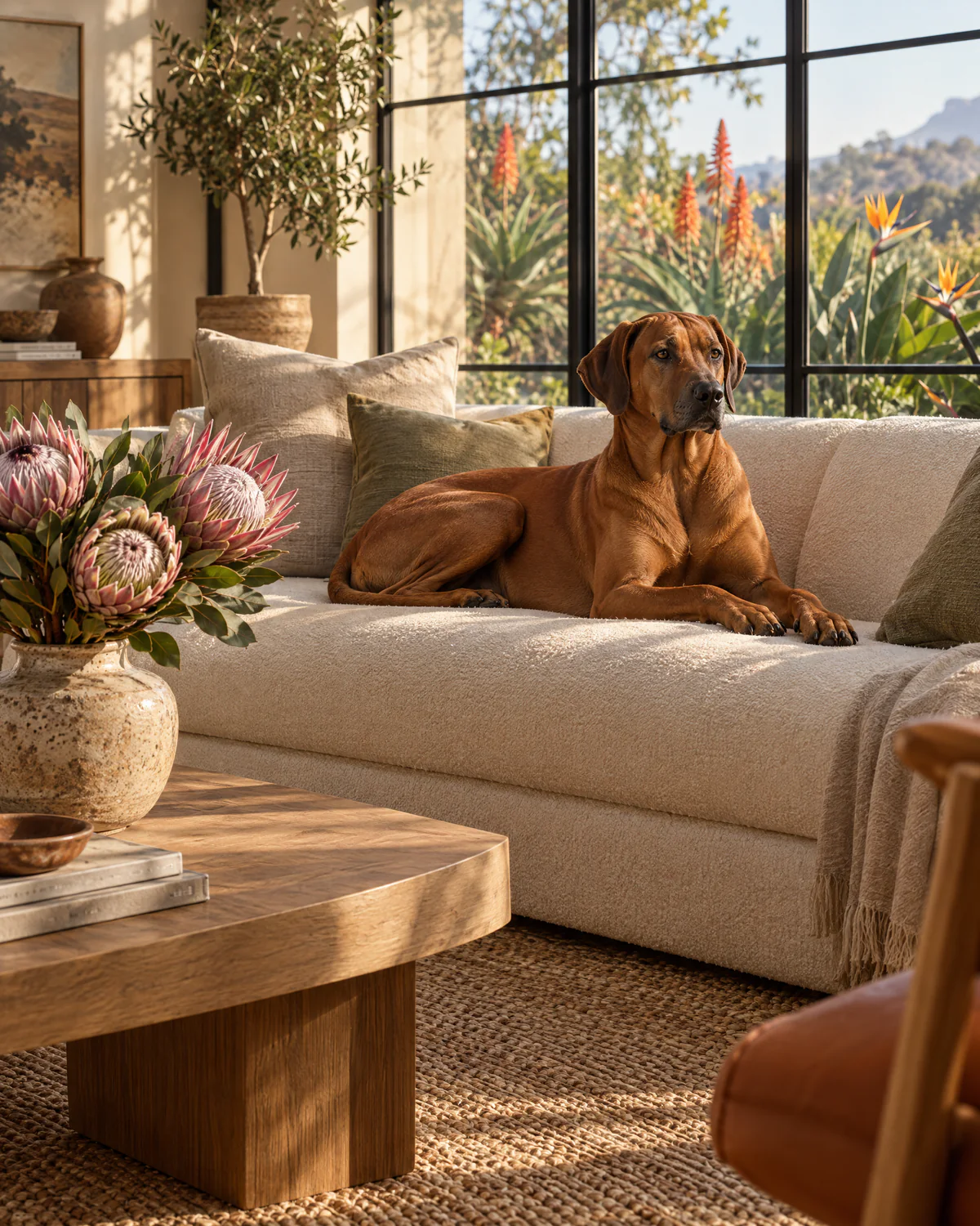 A Rhodesian Ridgeback relaxing on a cream sofa in a sunlit living room filled with proteas and aloes